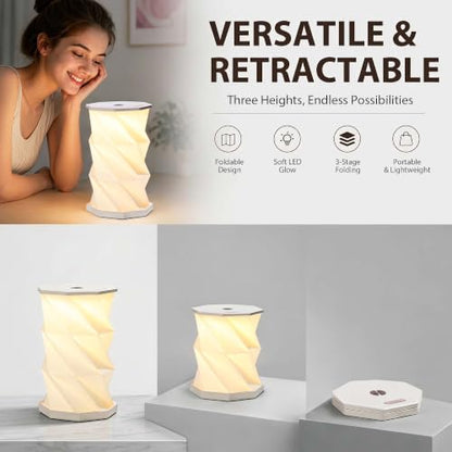 Portable Foldable Table Lamp, Japanese Gift, Paper Lantern Lights | Touch Control Dimmable Lamp with 3 Adjustable Heights, Rechargeable Warm Light, Travel Gifts for Women Men Couples (White) - color: White