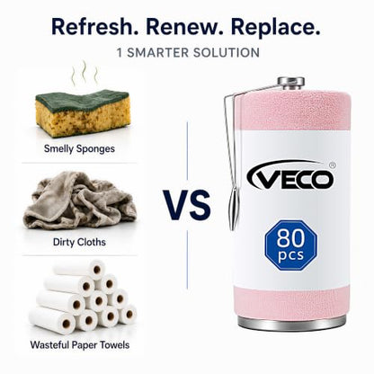 Veco Microfiber Cleaning Cloth Roll with Holder 80 PCS, 12" x 12" Pink | Tear Away Reusable Towels, Lint-Free & Streak-Free Cleaning Cloths, Paper Towel Alternative for Kitchen, Home & Car - color: Pink-st