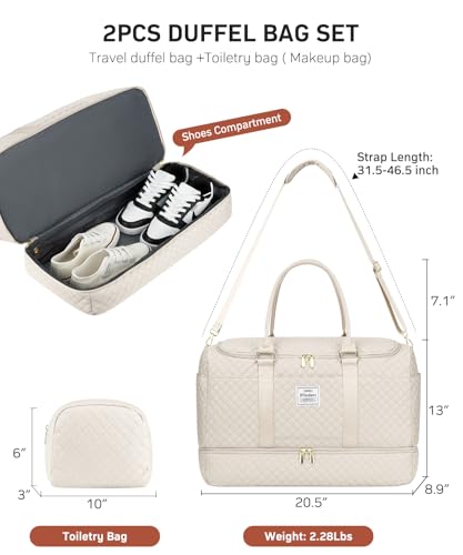 WINDARS Travel Duffle Bag, Weekender Bags for Women with Shoe Compartment, Overnight Bag with Toiletry Bag, Carry On Duffel Bags For Airplanes, Yoga Gym Duffel Bag, Beige - color: Beige
