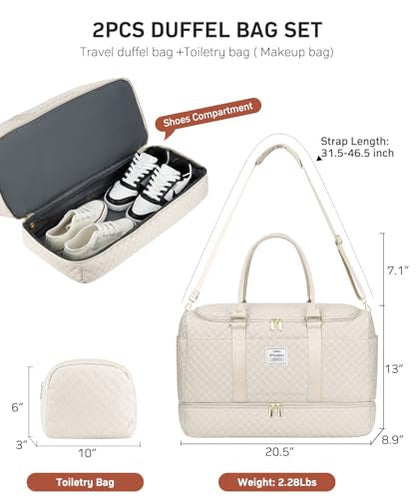 WINDARS Travel Duffle Bag, Weekender Bags for Women with Shoe Compartment, Overnight Bag with Toiletry Bag, Carry On Duffel Bags For Airplanes, Yoga Gym Duffel Bag, Beige - color: Beige