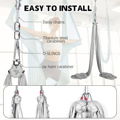 Aerial Silks Kit & Aerial Yoga Hammock - 11Yd Premium Fabric with Hardware | Easy Setup for Flying Yoga, Aerial Swing & Fitness - Supports Up to 14ft Rigging(Navy) - color: Silver