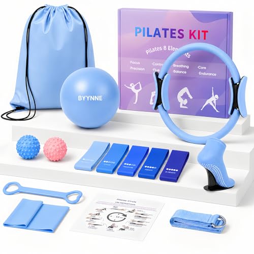 Home Pilates Kit for Women - 14 Pcs Pilates Equipment Set with Pilates Ring and Ball, 5 Resistance Bands Etc Accessories for Beginners Home Workouts - Includes Workout Guide - color: Blue