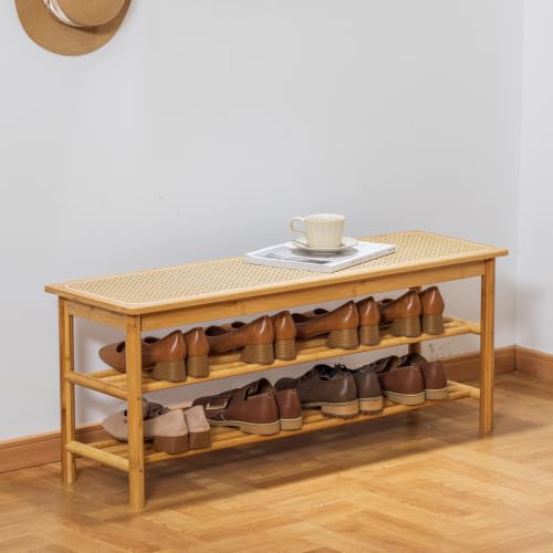latifolia Shoe Rack Bench, 3-Tier Bamboo Shoe Bench with Breathable Rattan Seat Cushion, Shoe Storage Rack for Entryway(Nautre,39.70''L) - color: Nature, size: 39.37''L