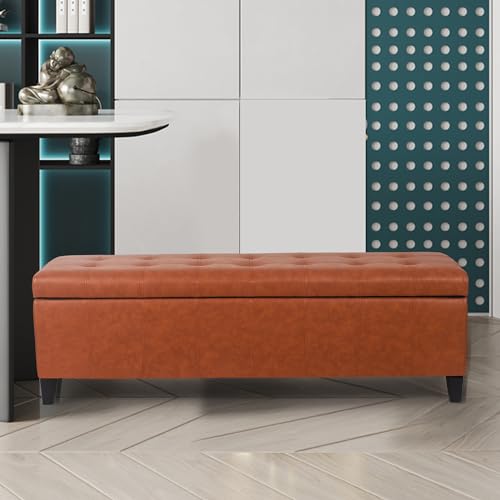Joveco 51 Inch Storage Bench,Leather Tufted Storage Ottoman with Legs - color: 51", Dark Orange