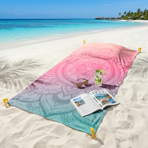 YunTu Bohemia Oversized Sandproof Beach Towel Blanket with 4 Wind Anchors & Detachable Pillow and Pocket, Extra Large Microfiber Mandala Beach Mat for Travel, Camping, Hiking(Mandala 3) - color: Mandala 3