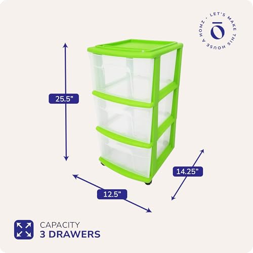 HOMZ Drawer Tower, 3-Tier Storage Cart with Removable Wheels, Bold Lime | Plastic Organizer with Clear Bin Drawers for Bedrooms, Bathrooms, Home Offices, and Dorm Rooms - color: Bold Lime, size: 1 Pack