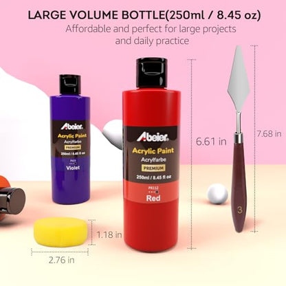 ABEIER Bulk Acrylic Paint Set, 20 Colors x 8.45 oz, Non-Toxic | Rich pigments, Matte finish,Thick consistency, smooth blending, waterproof when dry, palette knife and sponge included - color: 20 Colors