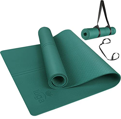 IUGA Yoga Mat Non Slip with Alignment Lines, 72" x 26" Eco Friendly Yoga Mats, 1/4 Inch Thick Yoga Mat with Free Carry Strap