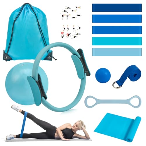 HASHMUST Pilates Ring Kit 12 PCS for Women, Home Workout Equipment with Magic Circle, Mini Exercise Ball, Resistance Bands, Massage Lacrosse, Yoga Strap, Full-Body Fitness Set for Toning & Gift - color: Blue