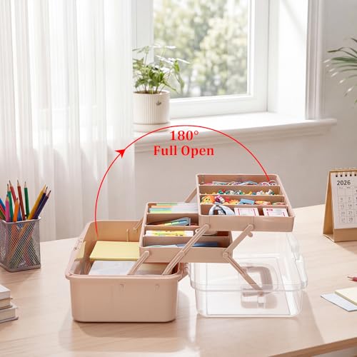 BTSKY 3-Layer Foldable Craft Organizer, Portable Tackle Box with Handle & Adjustable Dividers, Multi-Purpose Toolbox for Art Supplies, Sewing, Medicine, 12.2x6.7x5.7 Inch, Blush Pink - color: Blush Pink