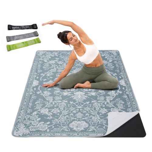 Gogokiwi Yoga Mat and Towel Set, 72 x 48 in, 1/2 in, Non Slip for Hot Yoga | Extra large, covers whole mat, 4 corner pockets, washable microfiber, rug-style print, hot yoga, home workout, home decor - color: Victoria Blue & White
