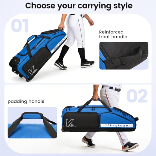 Catchers Gear Bag with Wheels for 4 Bats, 80L Rolling Baseball Bag - color: Blue