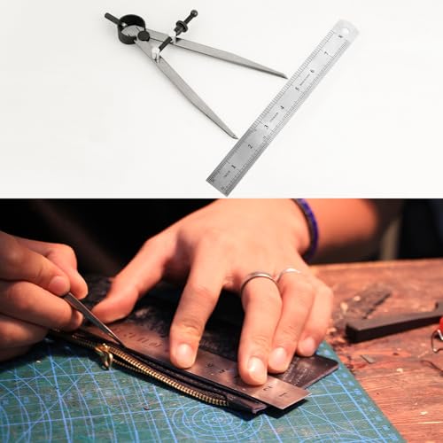 Professional Metal Compass Set, 8 Inch Adjustable Divider Leather Compass & 8 Inch Steel Ruler, Drafting Compass Tool for Leather Work, Woodworking, Metalworking, Geometry Drawing