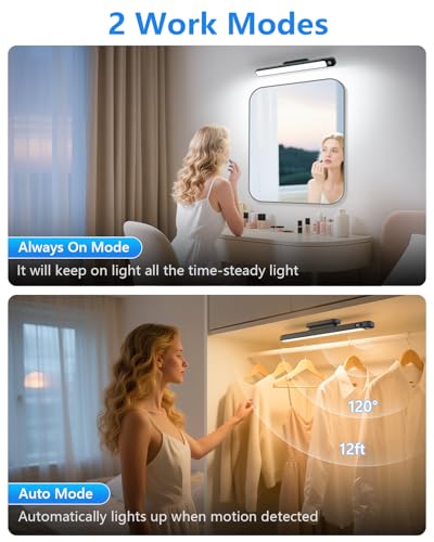 Ferswe 3W Motion Sensor Magnetic Light Bar,Eye-Friendly Rechargeable Closet Lights with Battery Display,2000mAh Vanity Lights for Mirror, Rechargeable Light Bar for Cabinet, Closet, Bathroom and Desk