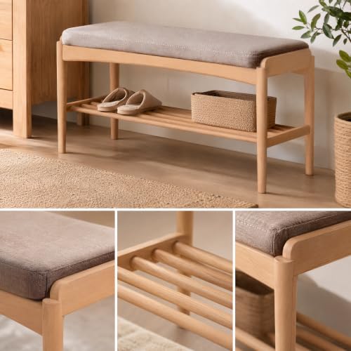 Oak Wood Shoe Bench, 40 Inch Entryway Bench with Gray Cushion - color: Natural + Gray Cushion, size: 39.37"