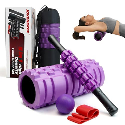 5 in 1 Foam Roller Set High Density Patented Foam Roller for Exercise | Foam Roller Massage Stick, Massage Ball, Resistance Band for Deep Muscle Massage Pilates Yoga Trigger Point Release Purple - color: Violet