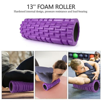 5 in 1 Foam Roller Set High Density Patented Foam Roller for Exercise | Foam Roller Massage Stick, Massage Ball, Resistance Band for Deep Muscle Massage Pilates Yoga Trigger Point Release Purple - color: Violet