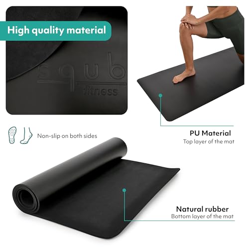 Yoga Mat 5mm Thick – Non Slip Exercise Workout Pad, PU Natural Rubber Grip, Extra Large 183x68 cm, Pilates Fitness Training, Includes Strap & Carry Bag - color: BLACK