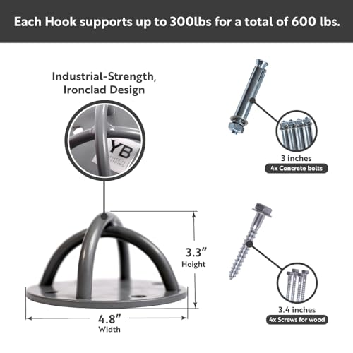 Ceiling Hooks - Industrial Strength Hold Up to 600 lbs, Includes Anchors & Bolts Yoga Starter Set - Suitable for Gym Rings, Suspensions, Indoor/Outdoor Use
