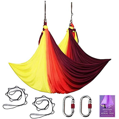 Aerial Yoga Hammock L:5M W:2.8M 5.5 Yards Aerial Pilates Silk Yoga Swing Set with 2000 Ibs Load Include Daisy Chain, Pose Guide - color: Gradual Change Red