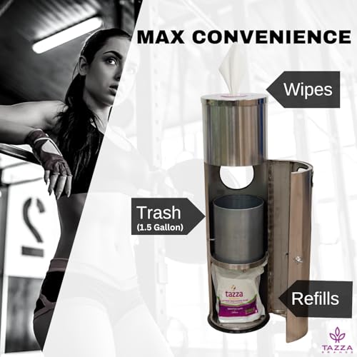 Tazza Stainless Steel Gym Wipe Dispenser with Trash Bin and 4 x 1200 Count Fitness Equipment Wipes, 4800 Total Wipes, Commercial Floor Standing Wipe Station for Gyms & Fitness Centers