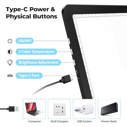 Heanolier A3 tracing Light Box with Bag,(18.2"L x 13.4"W) Super Bright Magnetic Light Pad with Side Buttons,USB-C Power Dimmerable Copy Table, Light board for Diamond Painting,Tattoo Drawing,Sketching - color: Black, size: A3 with Bag