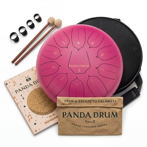 Panda Drum Plus (Pink) | Steel Tongue Drum for Inside & Outside | 11 Inch | with Music Book, Mallets, Carrying Bag & Finger Picks | 432 Hz Rain Drum | Calming Musical Instrument for Adults - color: Pink