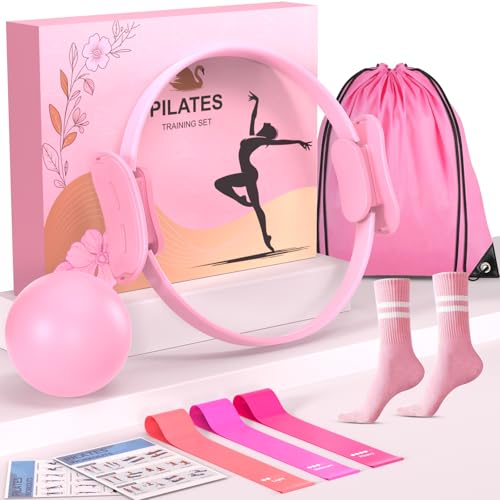 Pilates Kit for Home Workouts Set for Women, Pilates Ring Equipment and Ball Set Home Pilates Workout Kit with 15" Magic Circle Ring and Resistance Bands, A Must-Have for Beginners and Seasoned Yogis - color: pink