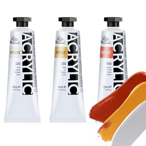 PHOENIX Metallic Heavy Body Acrylic Paint - 2 Oz. x 3 Tubes | Slow Drying Speed, Thick Art Paints, For Adults, Artists, Professionals - color: 3 Metallic Colors x 2 Fl Oz