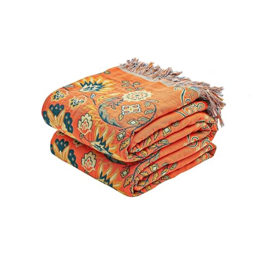 XIBLC Boho Throw Blanket, 100% Cotton Ultra Soft Luxury Throw Rustic Quilt, 90"x98" Floral Printed Farmhouse Decor Bed Summer Blankets, All Season Rustic Reversible Bohemian Throw for Bed - Orange - color: Flowers Orange, size: 90x98 Inch
