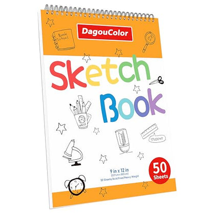 DagouColor Drawing Paper for Kids, 9"x12" Sketch Book - White, 2 Pack | 50 Sheets Double-Sided Papers, Spiral-Bound Smooth Drawing Pad for Beginning Artists Boys Girls