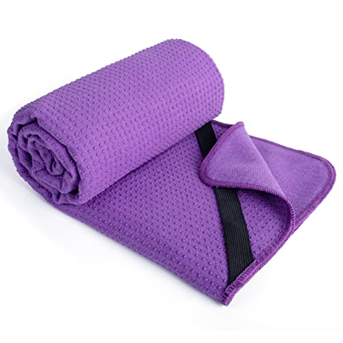 POLYTE Microfiber Non Slip Yoga Mat Towel, Secure Elastic Straps, 24x72 in - color: Purple