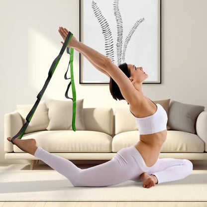 10 Loop Yoga Stretching Strap for Physical Therapy - Non-Elastic Exercise Band for Pilates, Yoga, Stretching for Women & Men - color: Green+Black