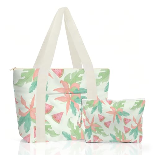 IAXIC Waterproof Tote Bag and Wet Bag Set, Summer Pattern Design for Beach Travel Gym Holiday Gifting - color: Light Green Watermelon