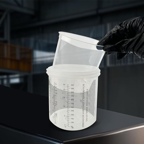 ENDOZER Disposable Paint Cup 50 Pack 20 Ounce(600ML) Mixing Cups for Automotive Spray Gun with 50 Liners and Lids System, 1 Hard Cup with Retainer Ring, 20 Plugs, 2 Adapters for Paint Gun - color: Dis-600ml-50pcs