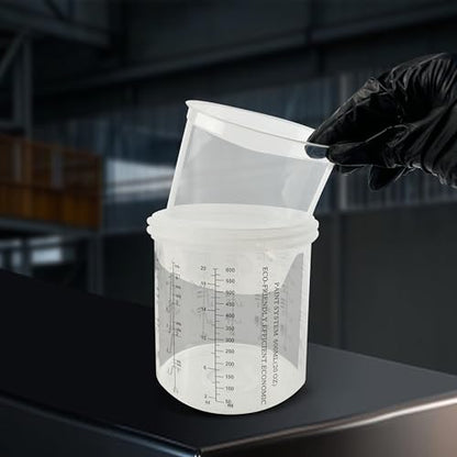 ENDOZER Disposable Paint Cup 50 Pack 20 Ounce(600ML) Mixing Cups for Automotive Spray Gun with 50 Liners and Lids System, 1 Hard Cup with Retainer Ring, 20 Plugs, 2 Adapters for Paint Gun - color: Dis-600ml-50pcs
