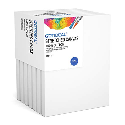 GOTIDEAL Stretched Canvas, 11x14 Inch Set of 7, Primed White | 100% Cotton Artist Canvas Boards for Painting, Acrylic Pouring, Oil Paint Dry & Wet Art Media - color: White, size: 11"x14"