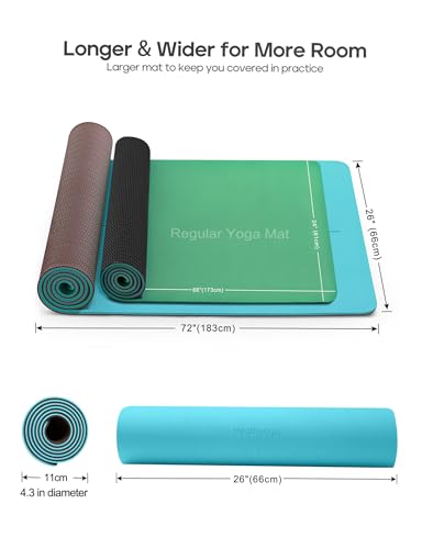Heathyoga Yoga Mat Non Slip TPE Pilates Exercise Mats for Home Workout Gym Fitness Eco Friendly Thick Hot Yoga Mat with Strap Body Alignment,72"x 26" Thickness 1/4" - color: Turquoise