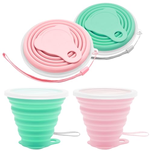 Litoexpe 2 Pack Silica gel Collapsible Travel Cup 270ml, Pink & Green | with Lids, Portable Folding Camping Cup, for Camping and Travel - color: Pink & Green