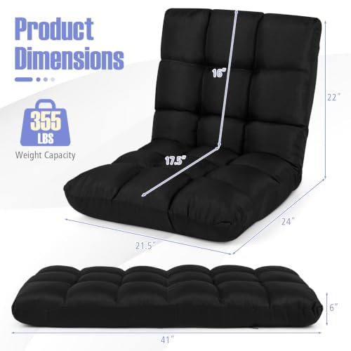 Giantex Adjustable Floor Gaming Sofa Chair 14-Position Cushioned Folding Lazy Recliner High Resilience Sponge, Breathable Cotton & Linen Fabric Sleeper Bed Couch Recliner (Black) - color: Black