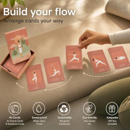 Yoga Cards for Adults, 40-Piece Mindful Movement & Pose Practice Deck | 30 pose cards + 10 intention cards with guided flows, English + Sanskrit, creator-designed for daily home practice