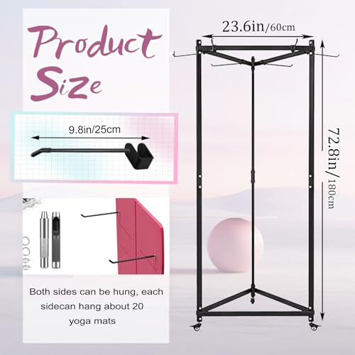 Hanging Yoga Mat Holder, Metal Double Sided Yoga Mats Storage Cart on Wheels, Floor Standing Pilates Mat Rack for Home Gym, Exercise, Yoga Studio, with Punching Tool