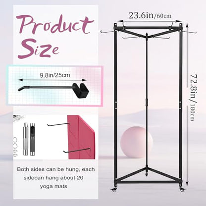 Hanging Yoga Mat Holder, Metal Double Sided Yoga Mats Storage Cart on Wheels, Floor Standing Pilates Mat Rack for Home Gym, Exercise, Yoga Studio, with Punching Tool