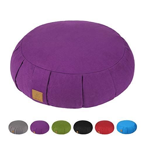 Round Zafu Meditation Cushion, D=15" H=5.5" Zabuton Meditation Pillow, Yoga Bolster/Pillow, Floor seat, Zippered Organic Cotton Cover, Natural Buckwheat, Kneeling Pillow - color: Purple