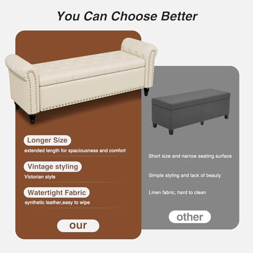 FiveWillowise 65" Bedroom Bench,End of Bed Bench with Storage,Cream Yellow - color: Cream White, size: 65-inch