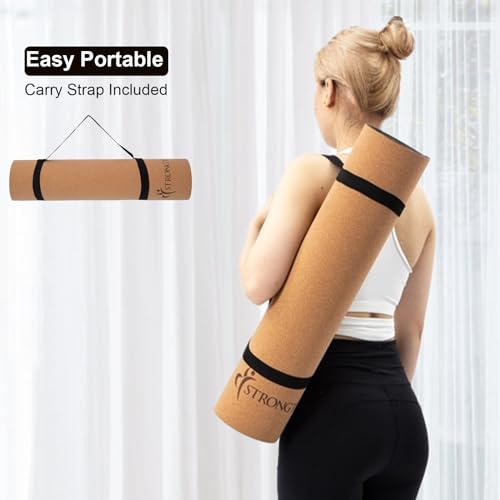 StrongTek Cork Yoga Mat, Eco-Friendly, TPE Base, 7 mm, 72 x 24 in | Natural Non-Slip Grip, Cushioned Support, Durable Surface, 2 lb Lightweight, Hot Yoga, Pilates, Home Fitness, Carry Strap