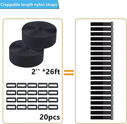 2 Rolls 26FT 2 inch Wide Cable Straps with 20 Buckles, Heavy Duty Nylon Hook and Loop Straps for Fastening Securing, Reusable Cut-to-Length Molle Straps for Organizer or Storage, Black - size: 2 in x 26 ft (2 Rolls)