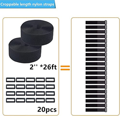 2 Rolls 26FT 2 inch Wide Cable Straps with 20 Buckles, Heavy Duty Nylon Hook and Loop Straps for Fastening Securing, Reusable Cut-to-Length Molle Straps for Organizer or Storage, Black - size: 2 in x 26 ft (2 Rolls)