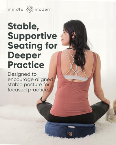 Mindful Modern Velvet Meditation Cushion | Luxe Zafu Yoga Floor Pillow Seat | Posture Support | Buckwheat Hull Filled | Large Round Cushion with Removable Washable Cover + Carry Handle - color: Royal Navy