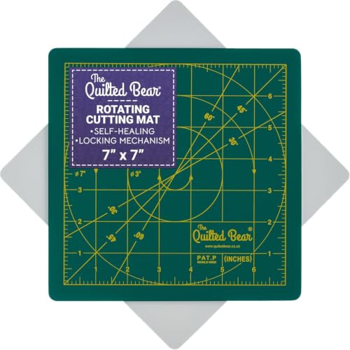 The Quilted Bear 7" x 7" Rotating Self-Healing Cutting Mat, Green | Square Mat, 360° Rotation, Locking Mechanism, 5-Layer Surface, Non-Slip Base, Clear Inch Grid & Angle Guides for Quilting - color: Green, size: 7"L x 7"W